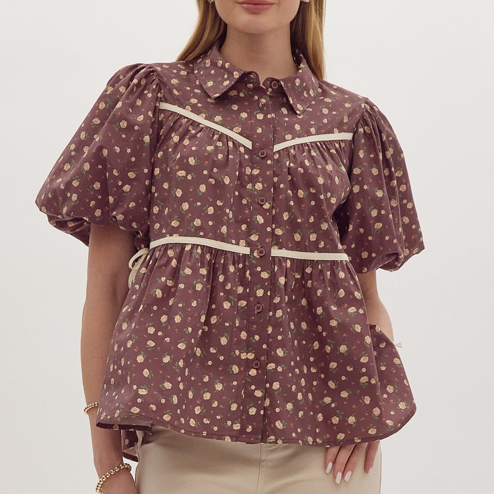 NWT Floral Puff Sleeve Blouse - Mocha- medium
